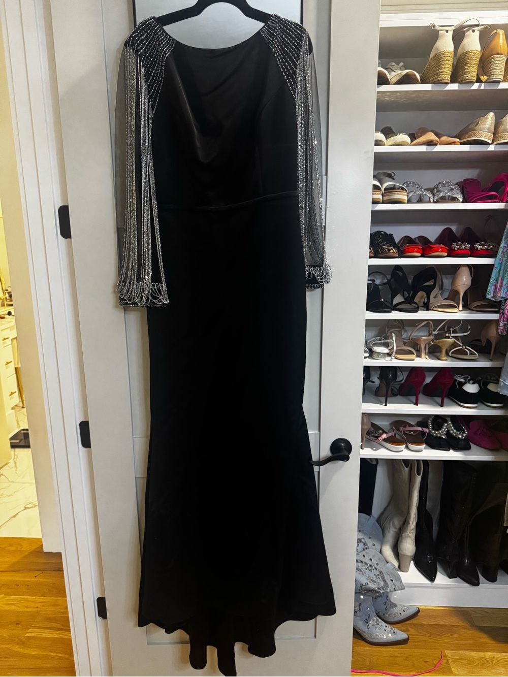 Mac Duggal Black Evening Gown with Beaded Sheer Sleeves